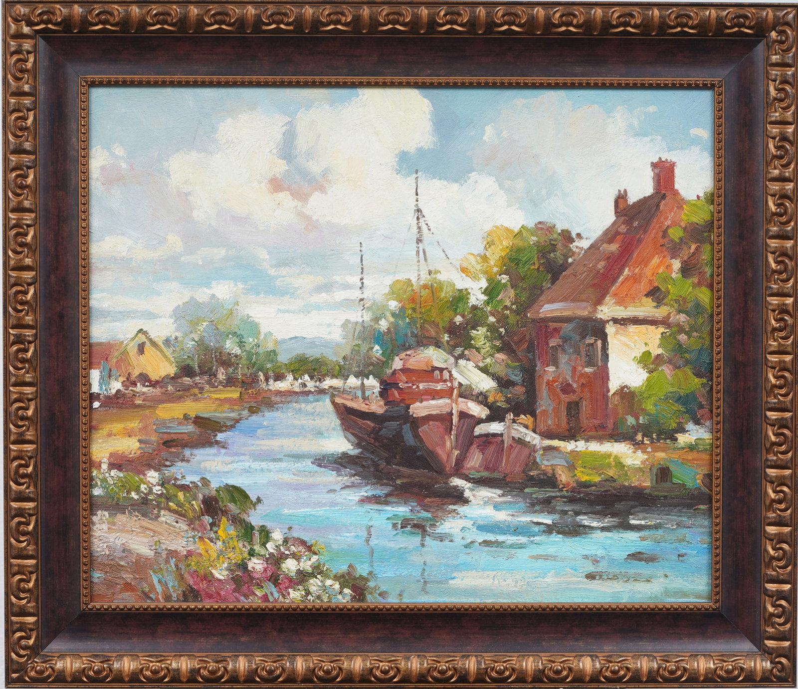 Large Antique European Impressionist Framed Landscape Oil Painting: Large Antique European landscape oil painting. Oil on board. Framed. Measuring: 26 by 30 inches overall, and 20 by 24 painting alone. Please see all images for condition. Size is measured and written 