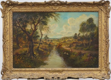 Antique English Framed River Landscape Original Oil Painting