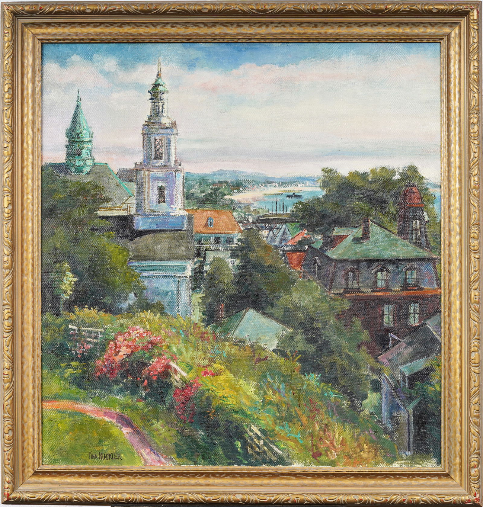 Tina Mackler Signed Antique American Impressionist Large Framed Cityscape Original Oil Painting (1 of 6)