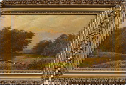 Antique American Summer Landscape Signed Tranquil River Framed Original Oil Painting