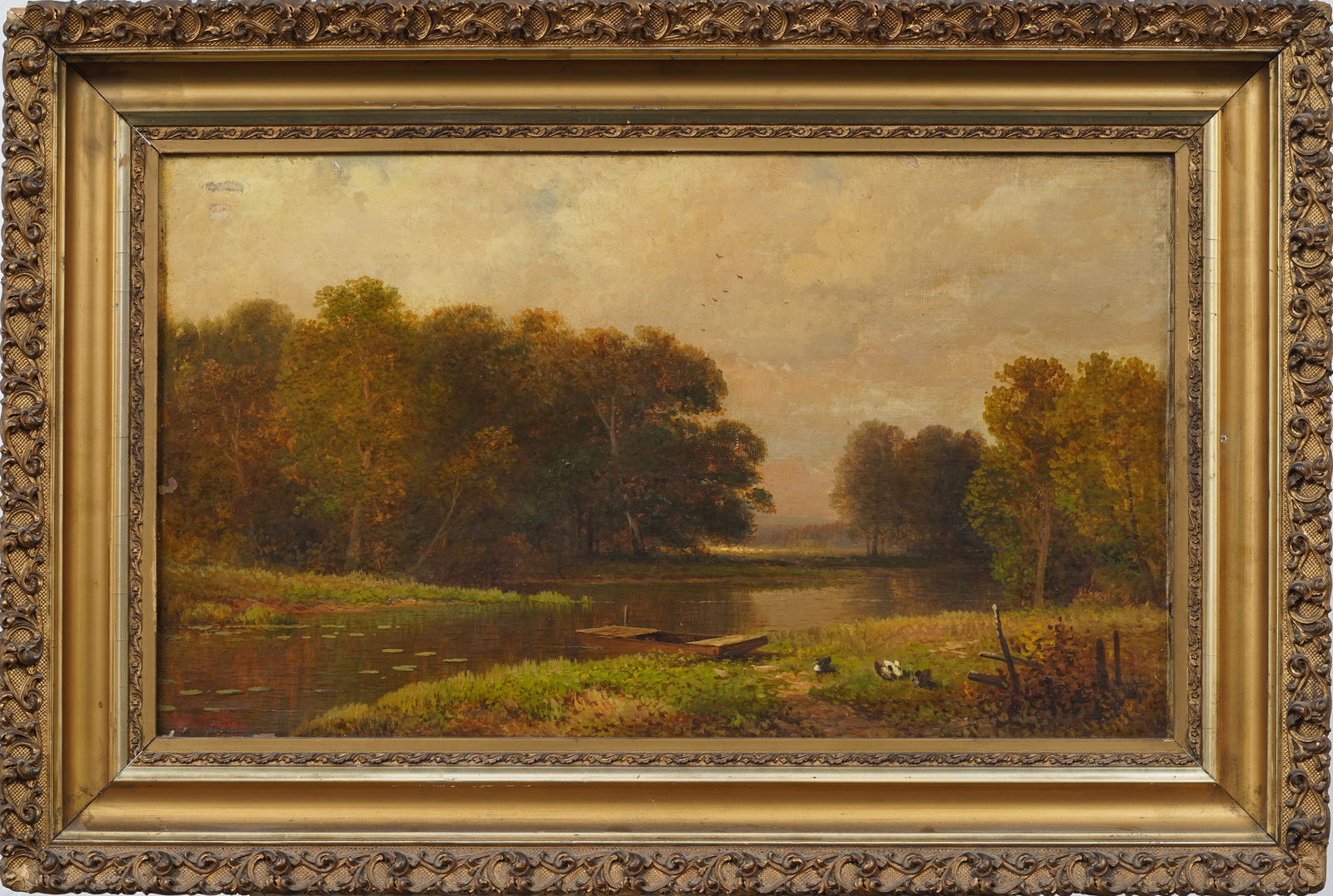 Antique American Summer Landscape Signed Tranquil River Framed Original Oil Painting (1 of 6)