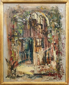 Antique American New Orleans Courtyard Signed Framed Oil Painting