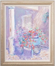Large Vintage American Impressionist Flower Cart Landscape Framed Original Oil Painting