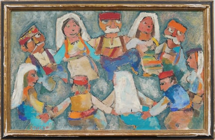 Jovan Obican (1918 - 1986) Signed French Modernist Folk Art Family Portrait Oil Painting