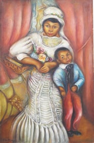 Peggy Dodds (1900-1987)Antique American Modernist Black Family Formal Portrait Signed Painting