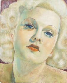 Large Antique 1938 American Modernist Hollywood Blond Woman Portrait Original Oil Painting
