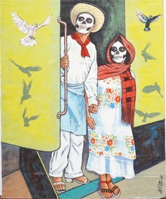 Rare Vintage Mexican Street Scene Portrait "Dia de los Muertos" Large Signed Oil Painting