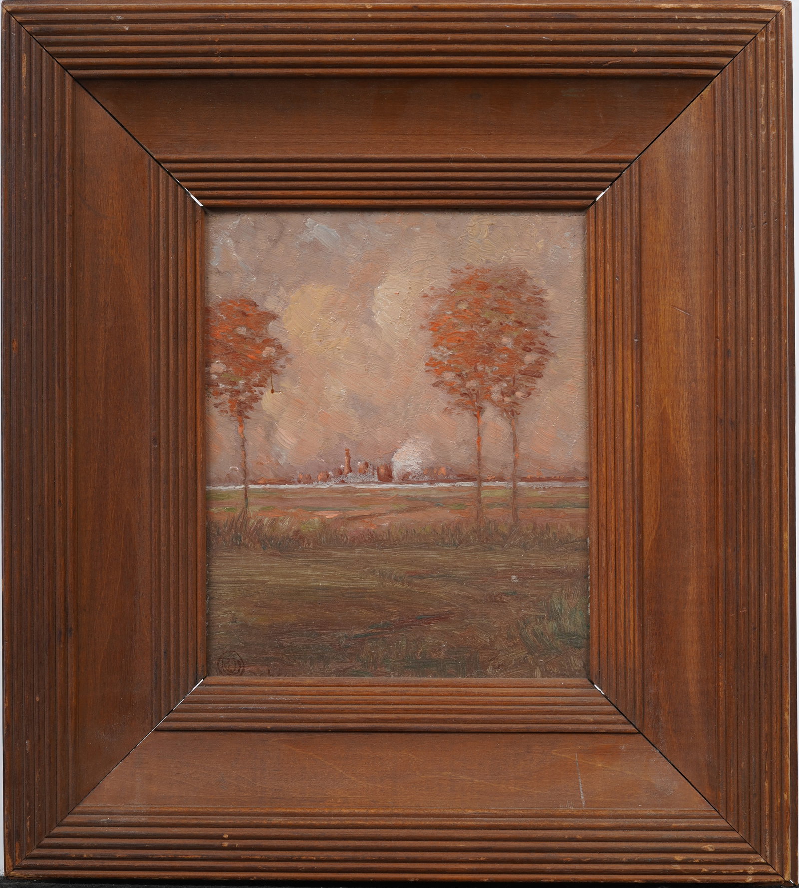 Robert Cairns Dobson (1881 - 1916) Antique American Tonalist Sunset Nicely Framed Painting: Antique American landscape oil painting by Robert Cairns Dobson (1881 - 1916). Oil on board. Signed. Framed. Measuring: 15 by 13 inches overall, and 8 by 6.75 painting alone. Please see all images for