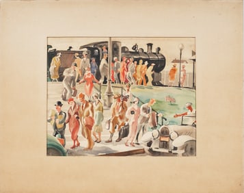 Antique American Signed Art Deco Train Station Bustling Crowds and Vintage Car Painting