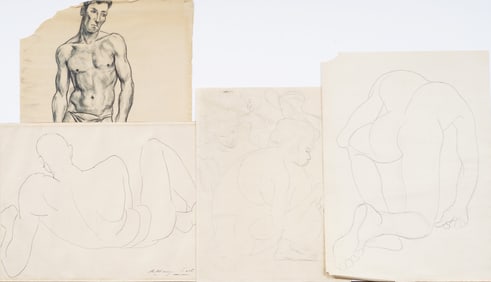 Anthony Sisti (1901 - 1983) Antique American Modernist Male Nude Portrait Drawing Group