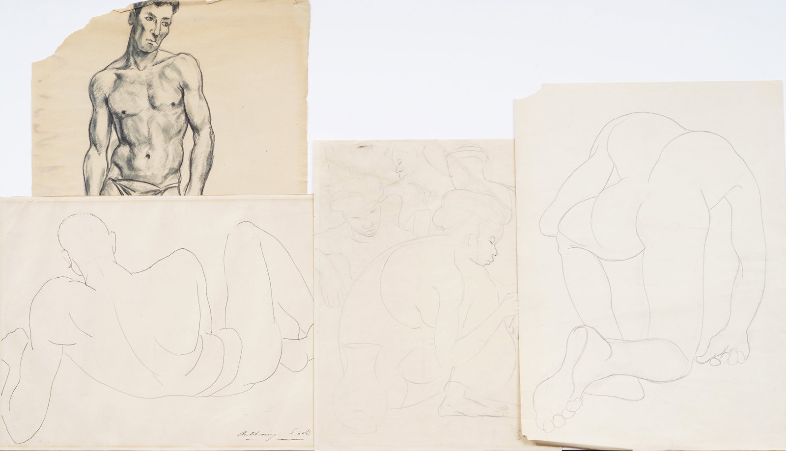 Anthony Sisti (1901 - 1983) Antique American Modernist Male Nude Portrait Drawing Group: Antique American drawings by Anthony J. (Tony) Sisti (1901 - 1983). Signed. Framed. Measuring: 12 by 20 inches for the largest, and 12 by 16 for the smaller three of the lot. Please see all images for