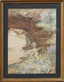 W.H. Walker (1863-1955) Antique English "Echo" Cherub Landscape Framed Original Painting