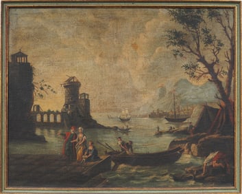 Antique European Old Master Coastal Castle Landscape Framed Oil Painting
