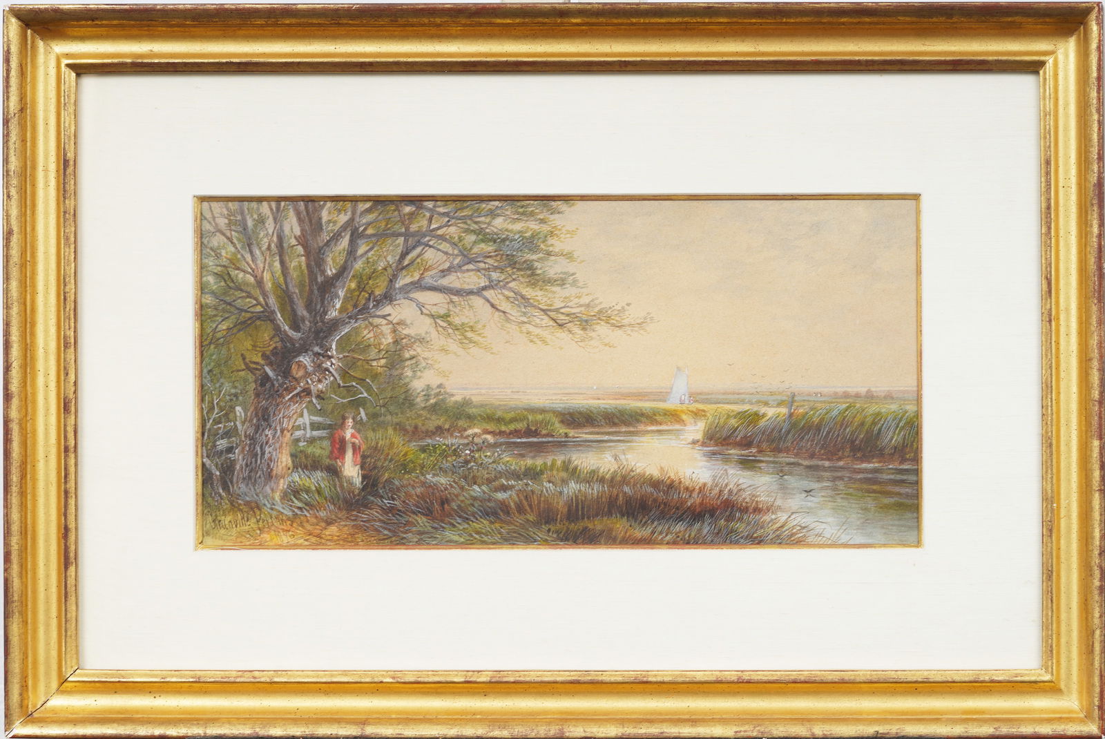 Granville Perkins (1830-1895) Antique American Hudson River School Signed Framed Painting: Antique American Hudson River School painting by Granville Perkins (1830 - 1895). Mixed media on paper. Signed. Framed. Measuring: 16 by 25 inches overall, and 8 by 16.75 painting alone. Please see al