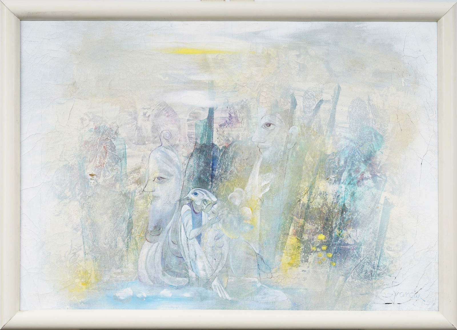 Signed Vintage Hungarian Modernist Surreal Figural Framed Original Oil Painting: Vintage Hungarian oil painting. Oil on canvas. Signed. Framed. Measuring: 20 by 28 inches overall, and 18 by 26 painting alone. Please see all images for condition. Size is measured and written on the