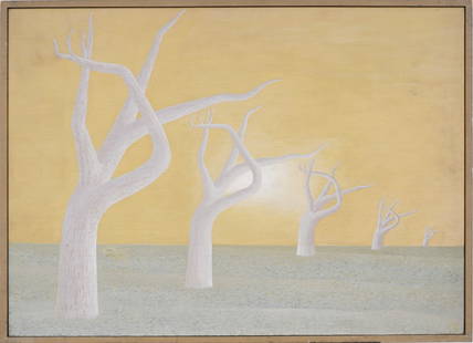Julius Shaier Signed Vintage Surreal American "Moodscape" Framed Modern Landscape Oil Painting: Antique American modernist oil painting by Julius Shaier. Oil on canvas. Signed. Framed. Measuring: 21 by 29 inches overall,