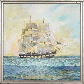 Antique American Impressionist Coastal Seascape Framed Large Original Oil Painting