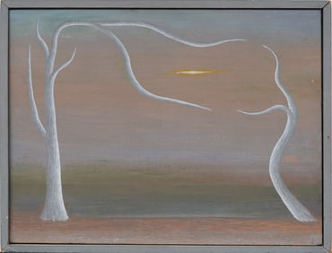 Julius Shaier Antique American School Modernist Surreal Landscape Signed Original Oil Painting