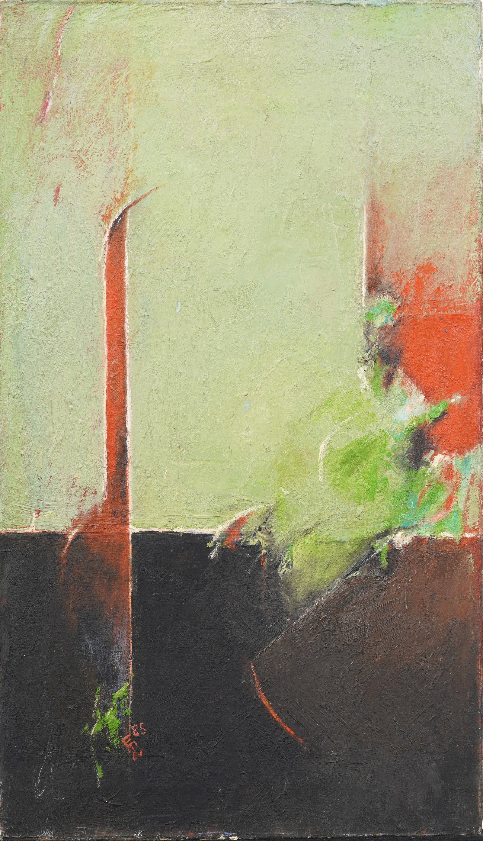 Signed Vintage American Modernist Abstract Expressionist Original Oil Painting: Antique American abstract oil painting. Oil on canvas. Signed. Measuring: 24 by 14 inches overall. Please see all images for condition. Size is measured and written on the back of the painting. The fi
