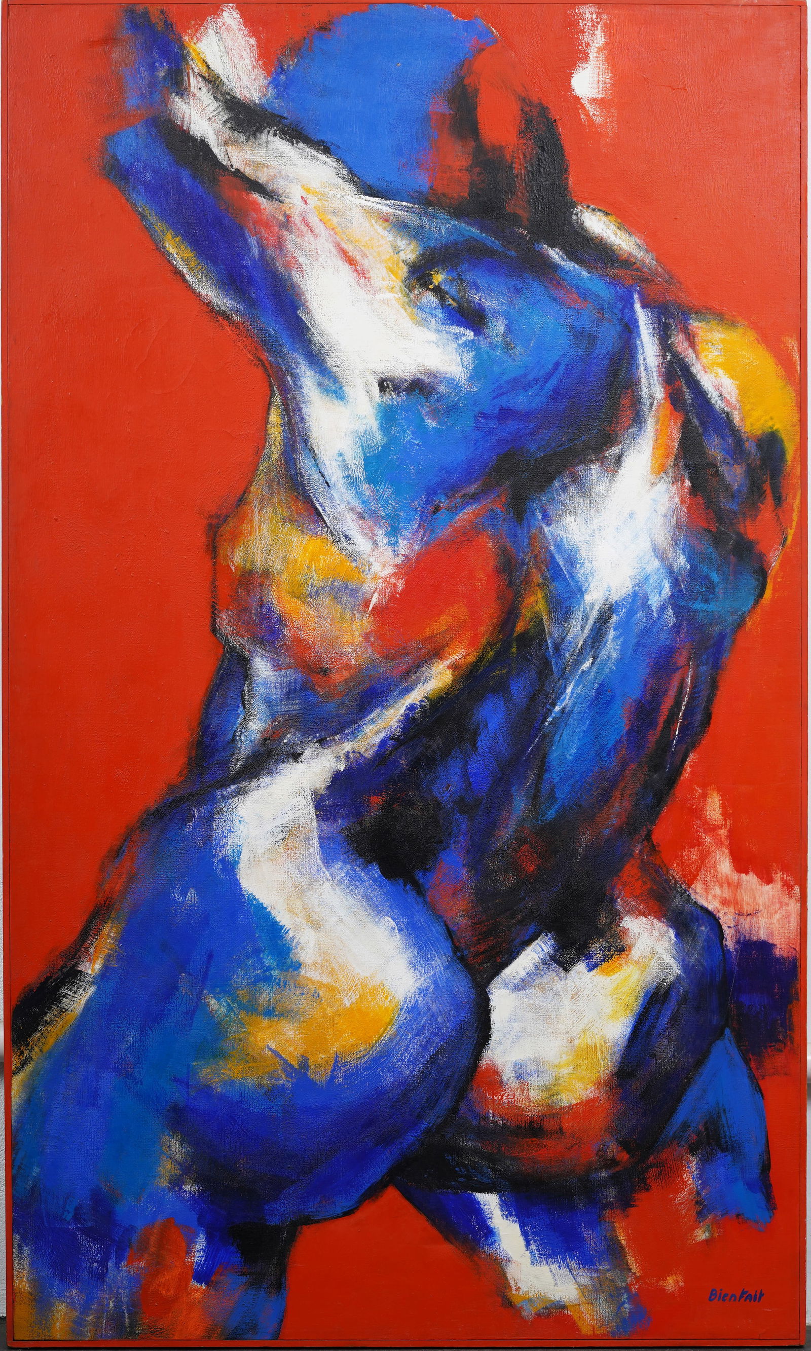 Aline Bienfait (1941 - 2017) Signed Monumental Abstract Nude Figural Oil Painting Wally Findlay Prov: Antique Belgian modernist abstract oil painting by Aline Bienfait (1941 - 2017). Oil on canvas. Signed. Framed. Measuring: 78 by 46 inches overall, and 77 by 45 painting alone. Please see all images f