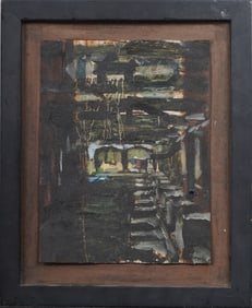 Vintage Zimbabwean Abstract Exhibited Monogrammed "Train Yard" Original Oil Painting