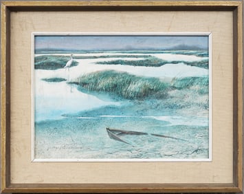 Antique American Impressionist Southern School Shallow Pond Heron Fishing Original Painting