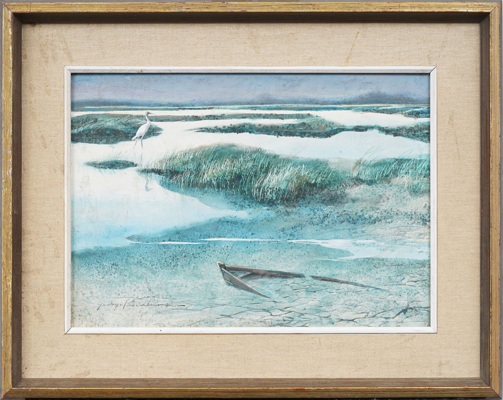 Antique American Impressionist Southern School Shallow Pond Heron Fishing Original Painting (1 of 7)