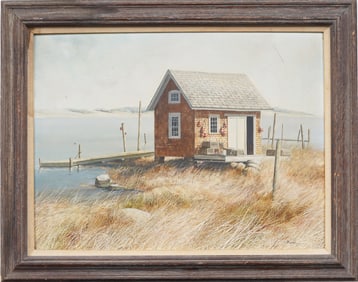Bruce Jeffrey Peeso (B.1951) Vintage American Serene Modernist Lake House Original Oil Painting