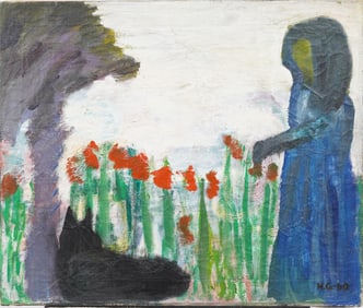 Vintage American School Modernist Outsider Monogrammed Landscape Oil Painting Merton Simpson Gallery
