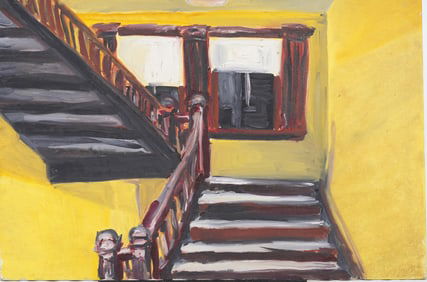 Large Vintage American Modernist Outsider Interior Stairway Scene Original Oil Painting