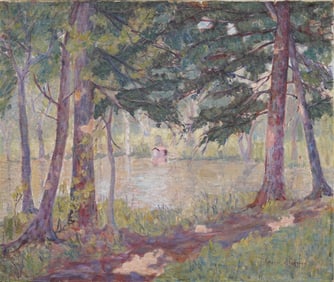 Early Antique American Impressionist Signed Woman Artist Landscape Original Oil Painting