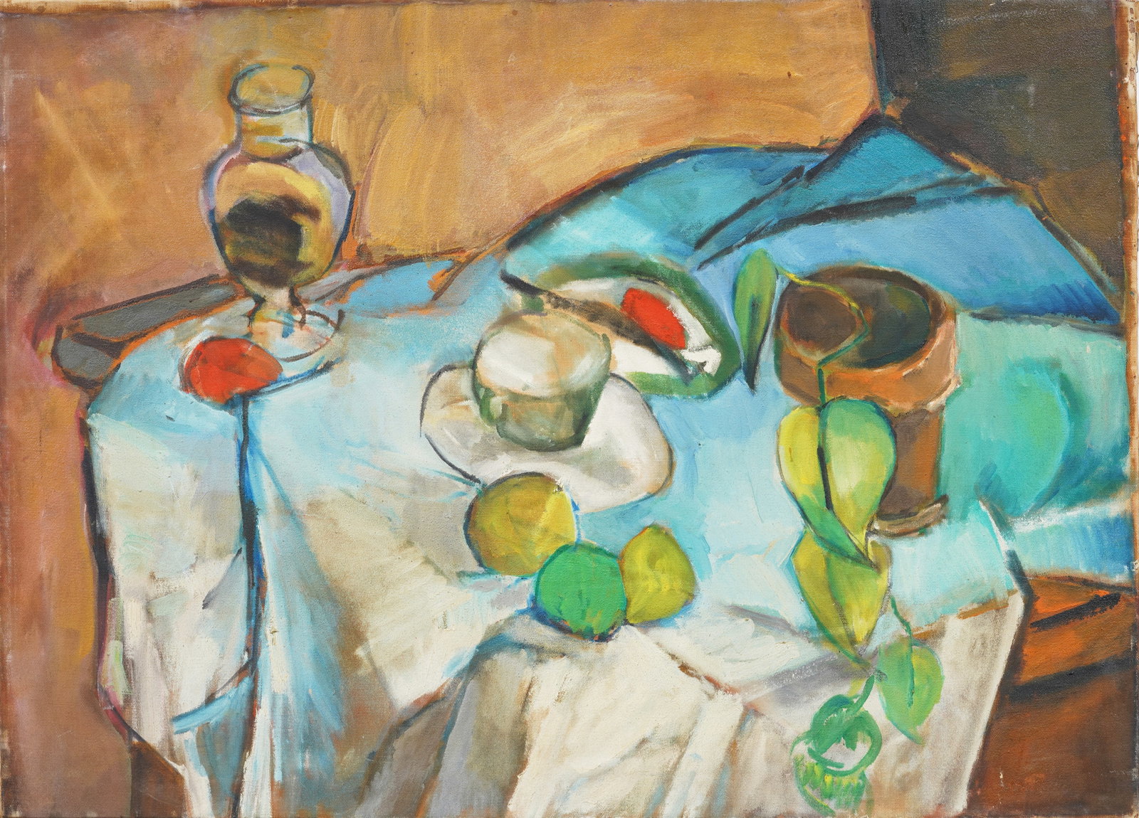 Antique American Modernist Abstract Still Life Oil Painting: Antique American still life oil painting. Oil on canvas. Measuring: 24 by 34 inches overall. Please see all images for condition. Size is measured and written on the back of the painting. The first si