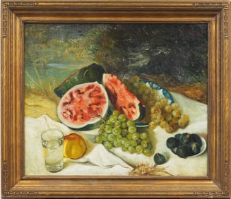 Antique American Impressionist Nicely Framed Watermelon Still Life Oil Painting