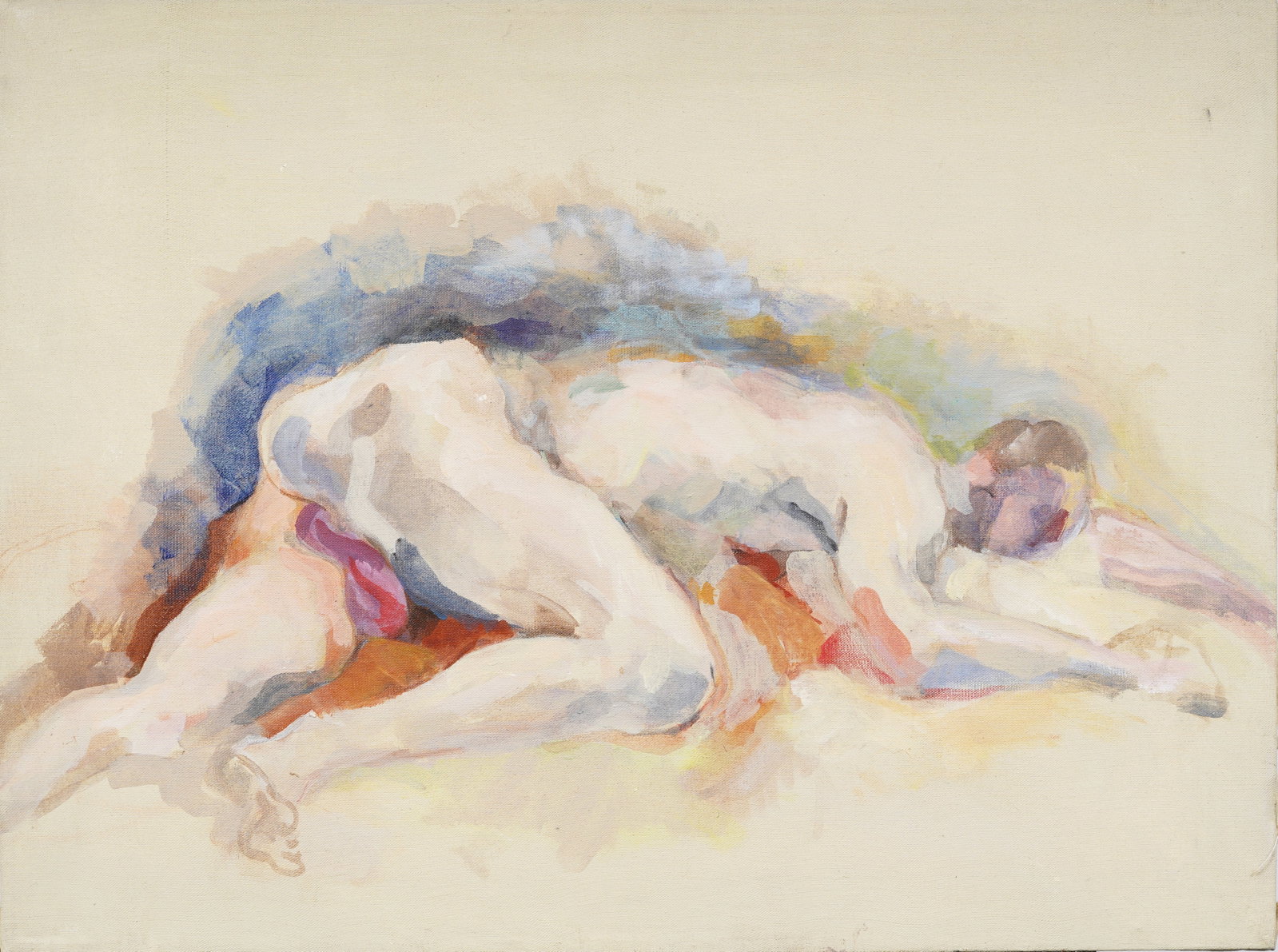 Penny Kronengold Vintage American Modernist Male Nude Original Oil Painting: Penny Kronengold is a figurative artist whose work comes out of abstraction. Her paintings of carousels, horses, swimmers, trees, and other evocative subjects often begin as sketches done rapidly on-s
