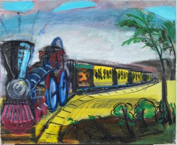 Vintage American School Modernist Train Landscape Original Oil Painting