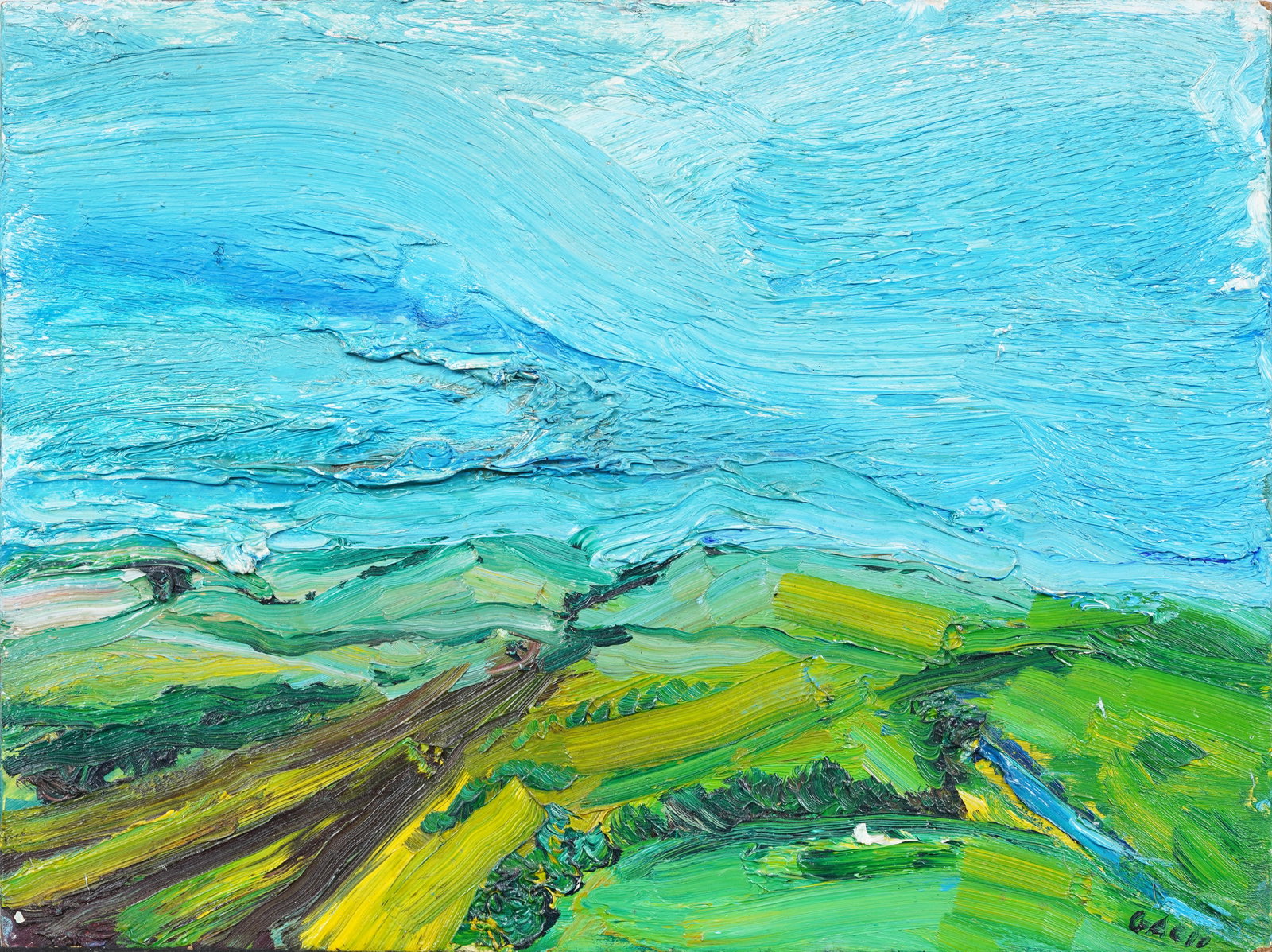 Vintage American School Modernist Landscape Original Oil Painting: Vintage American modernist oil painting. Oil on board. Measuring: 12 by 16 inches overall. Please see all images for condition. Size is measured and written on the back of the painting. The first size