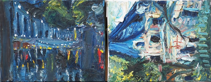 Simon Gaon Signed Vintage American Modernist Cityscape Original Oil Paintings