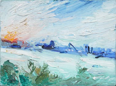 Vintage American Modernist Abstract Industrial River Scene Original Oil Painting