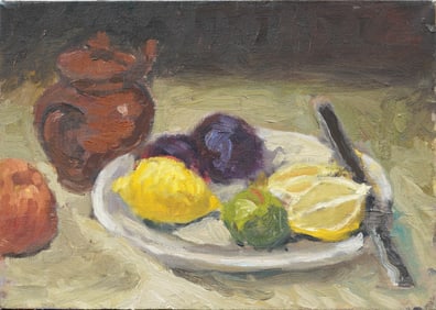 Vintage American Modernist Kitchen Table Fruit Still Life Original Oil Painting
