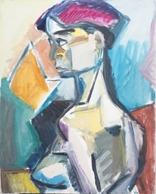 Large Vintage American Modernist Cubist Portrait Original Oil Painting