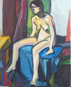 Vintage American Modernist Nude Portrait Interior Scene Original Oil Painting