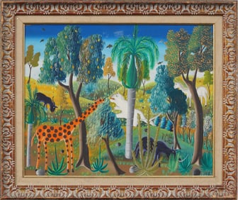 Signed Vintage Haitian Modernist Landscape Tropical Animal Portrait Original Oil Painting