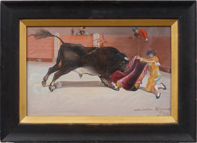 Antique Mexican Surreal Modernist Bull Fight Framed Signed Oil Painting