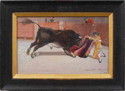 Antique Mexican Surreal Modernist Bull Fight Framed Signed Oil Painting: Antique Mexican modernist bull fighting painting. Oil on board. Signed. Framed. Measuring: 15 by 21 inches overall, and 10 by 16 painting alone. Please see all images for condition. Size is measured a