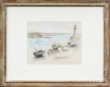 Antique American Modernist Lighthouse Seascape Framed Signed Original Painting