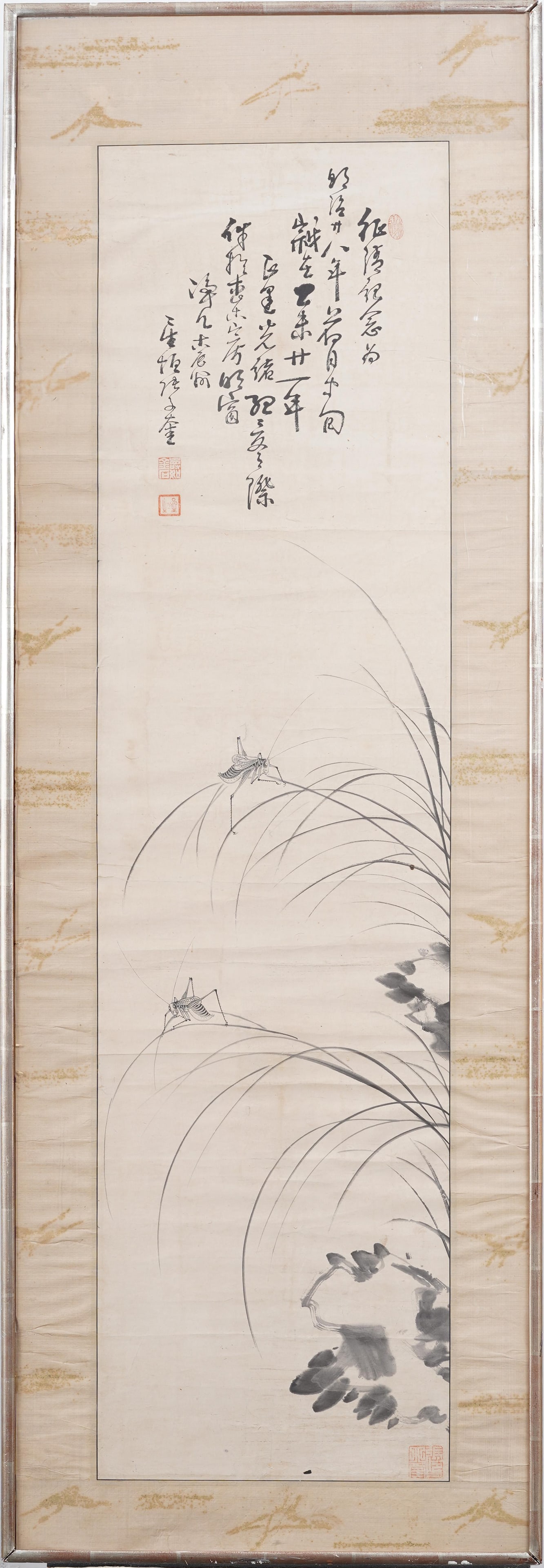 Antique Large Korean Scroll Signed Orchid and Grasshopper Framed Painting (1 of 9)
