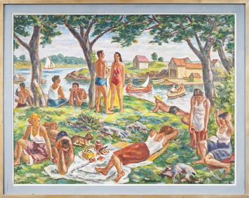 Mark Vukovic (1892-1973) “Summer Along The Bay” Antique American Modernist Summer Swim Oil