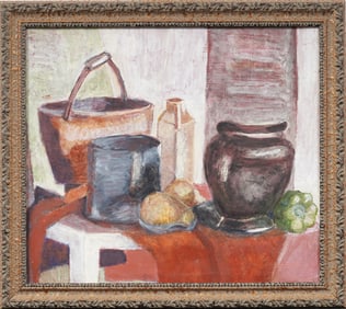 Antique American Modernist Kitchen Still Life Framed Original Oil Painting