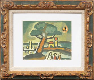 Antique American or European Moonlit Framed Modernist Landscape Original Fauvist Oil Painting