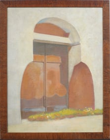 Vintage American School Modernist Original Architectural Landscape Framed Oil Painting